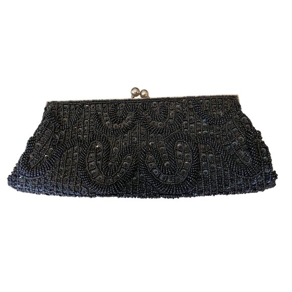 Vintage Black Beaded Clutch Purse With Chain Strap & Silver-Tone Frame - Picture 2 of 8